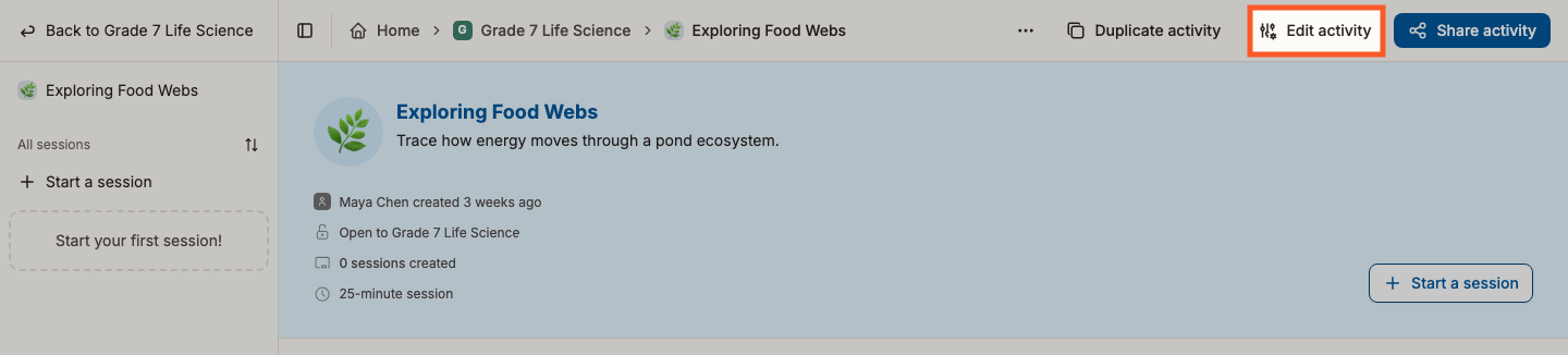 Edit activity highlighted on the activity overview page