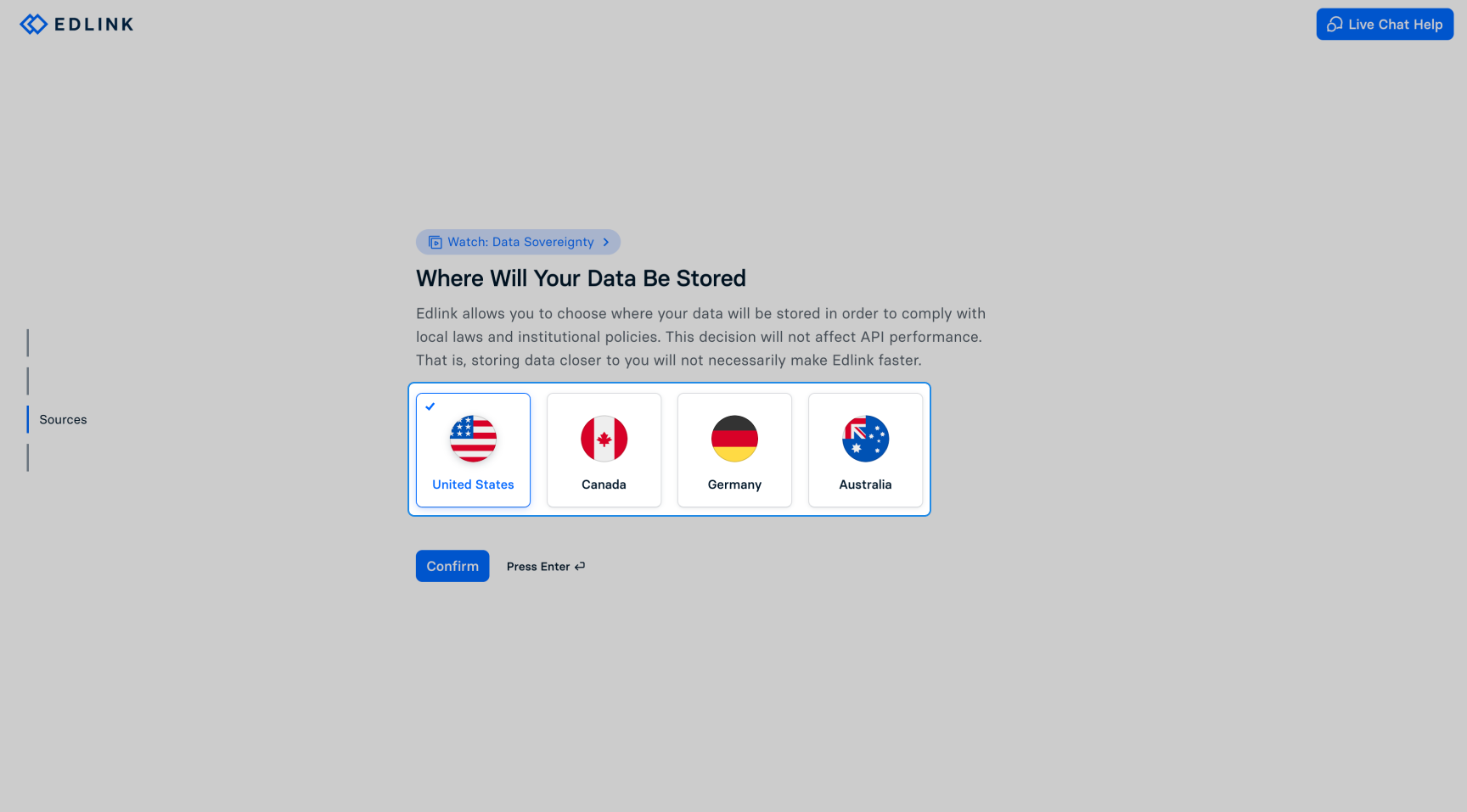 Edlink's Where Will Your Data Be Stored screen offering United States, Canada, Germany and Australia, with United States selected