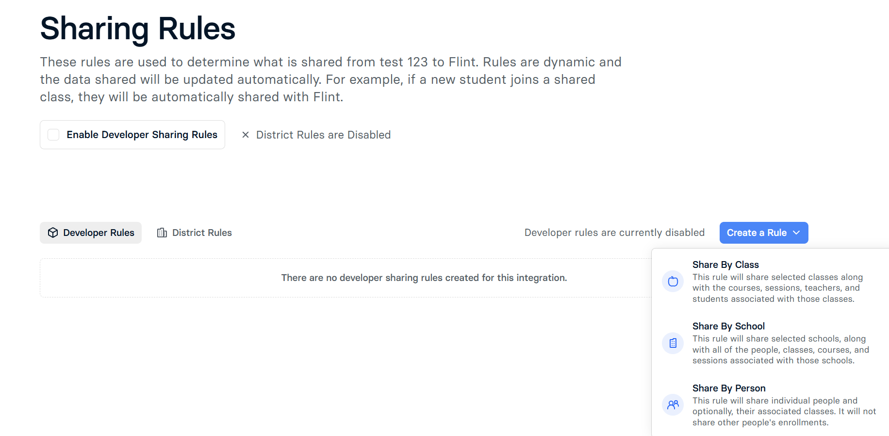 Sharing Rules page with the Create a Rule menu open, showing Share By Class, School and Person options