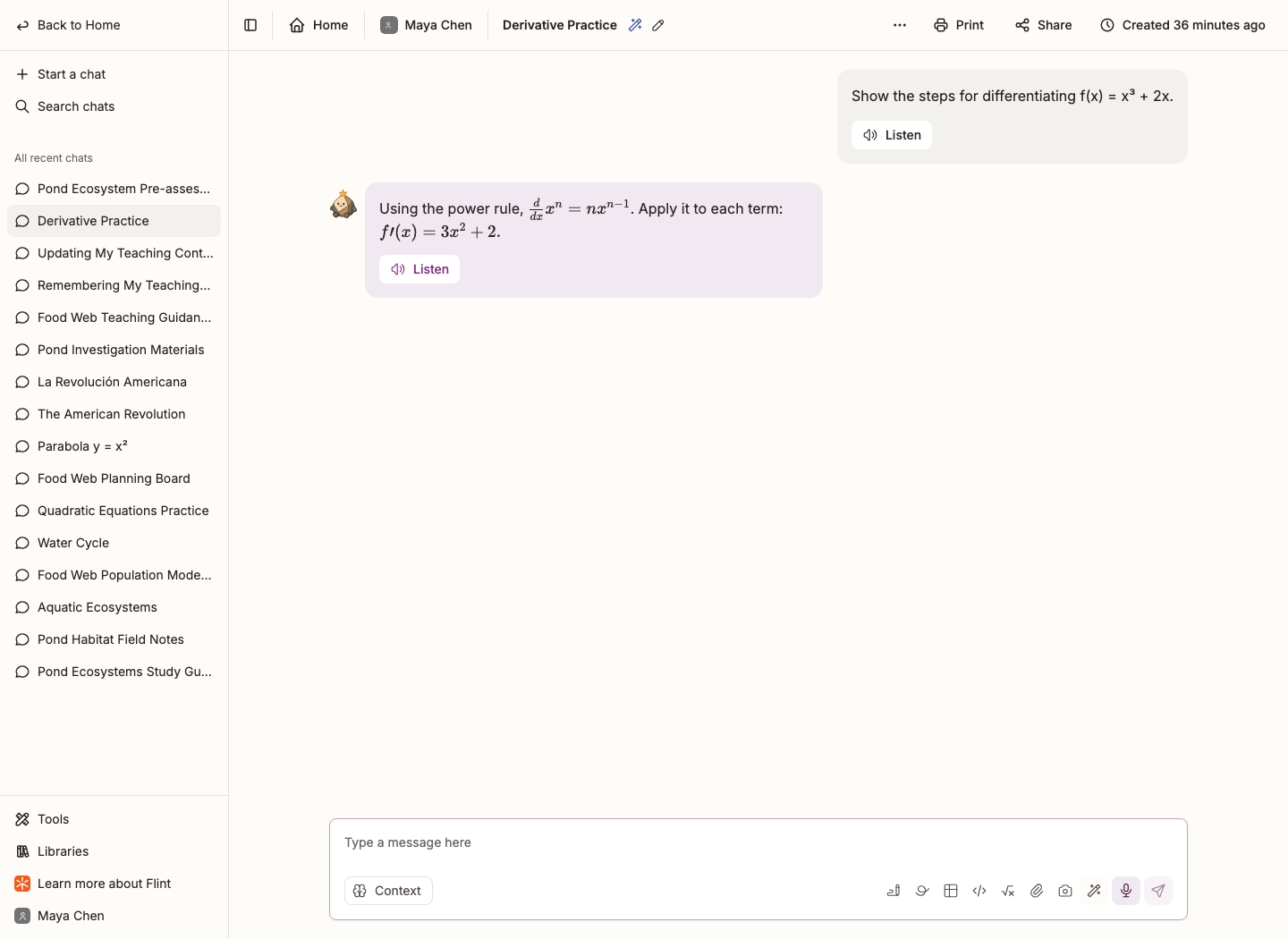 A step-by-step derivative calculation using the power and constant rules in a chat with Sparky
