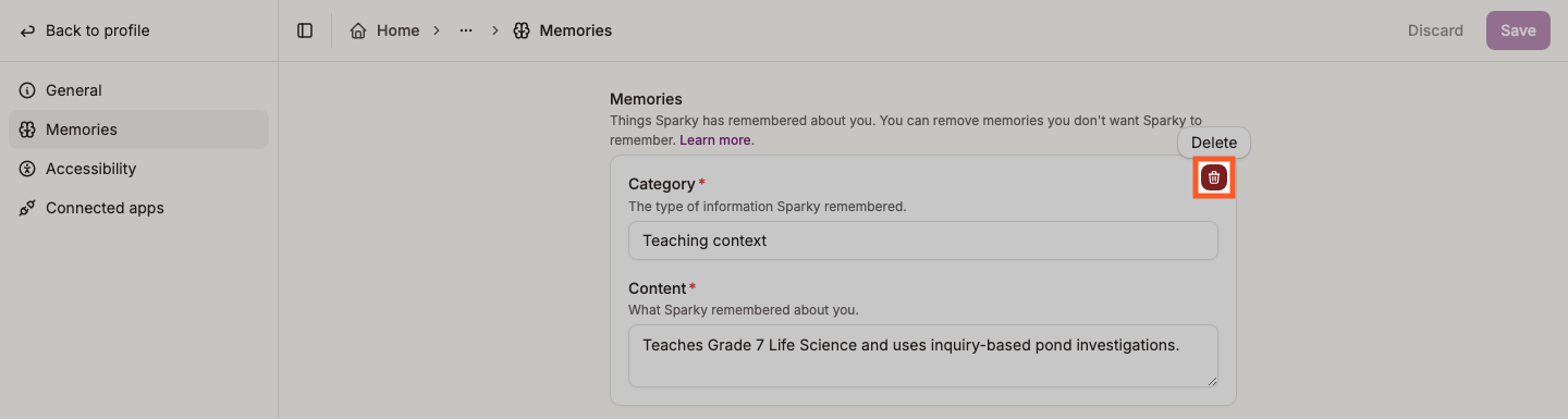 Deleting a memory from the Memories tab
