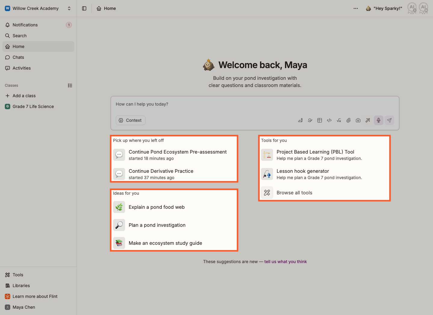 Suggested chat shortcuts highlighted below Sparky's welcome message on the homepage