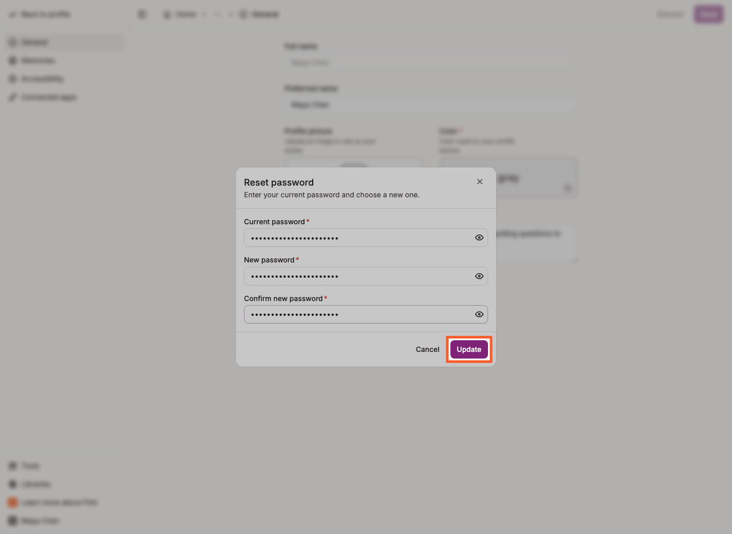 Reset password dialog with all fields filled and the Update button highlighted