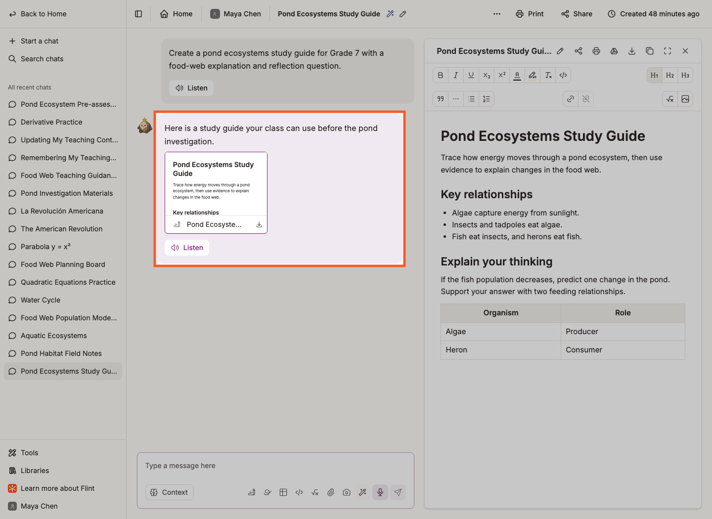 Asking Sparky to create a study guide, with the generated document open in a panel on the right