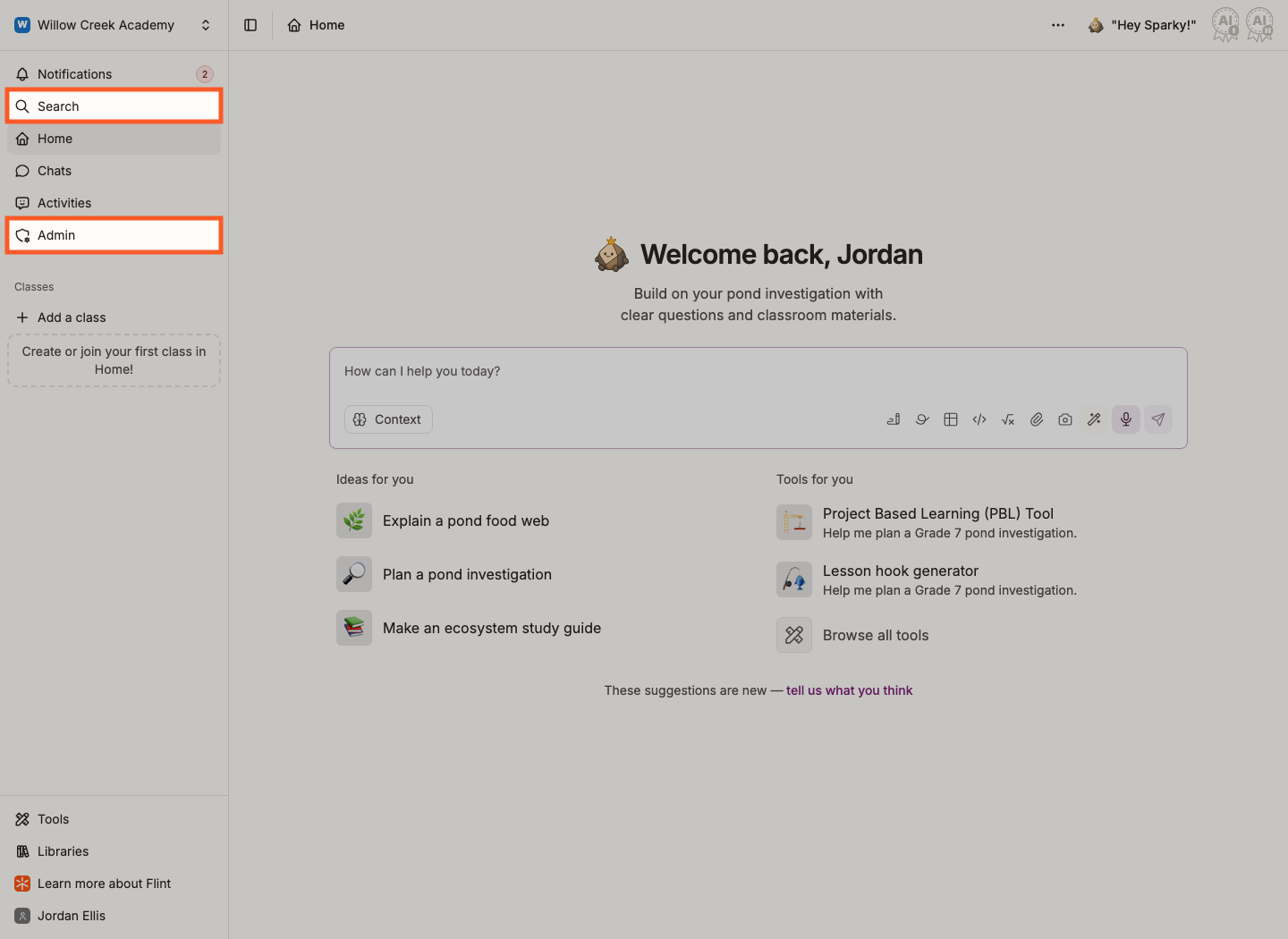 The Home sidebar with Search and Admin highlighted