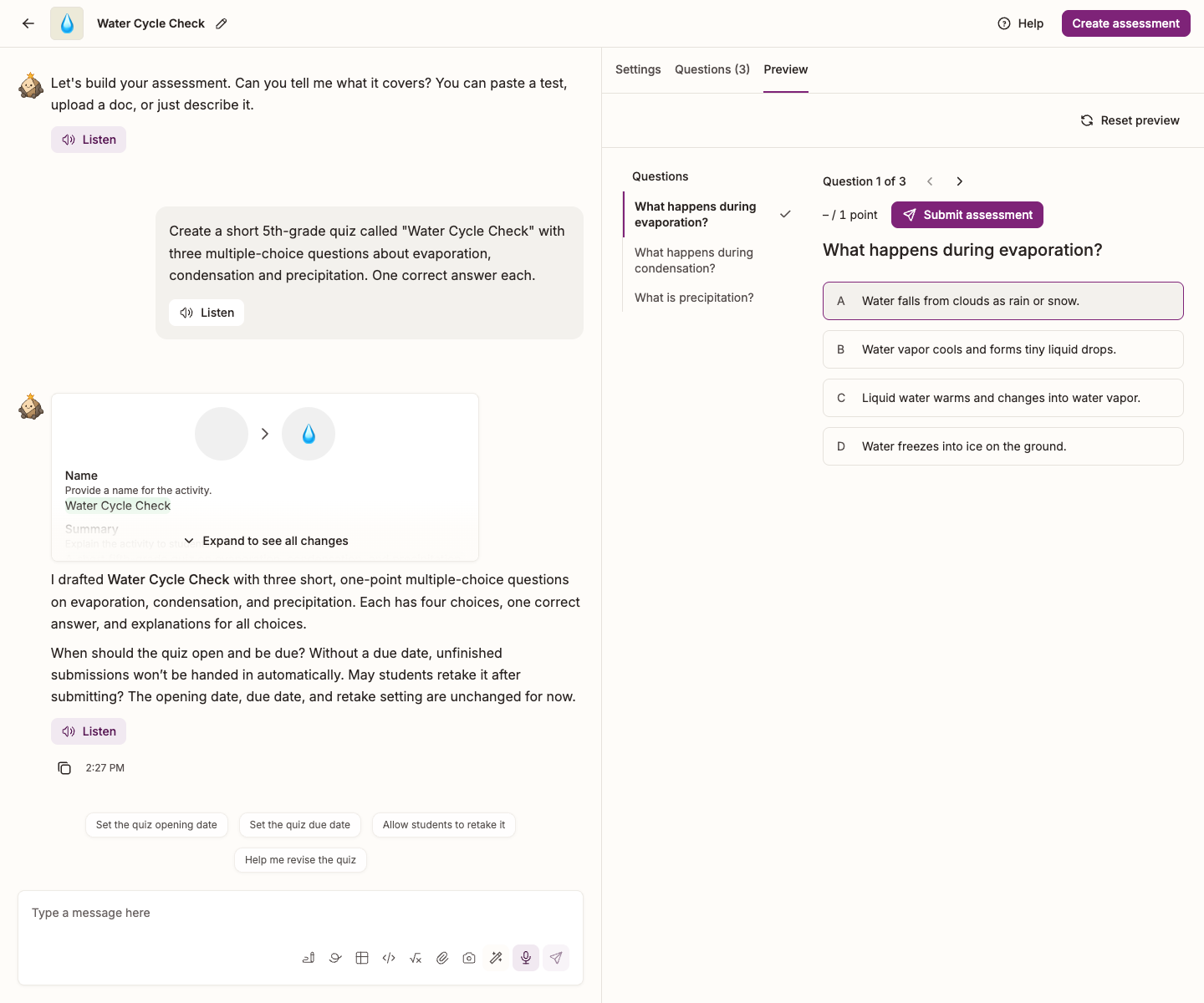 The assessment Preview tab with a selected answer and Reset preview