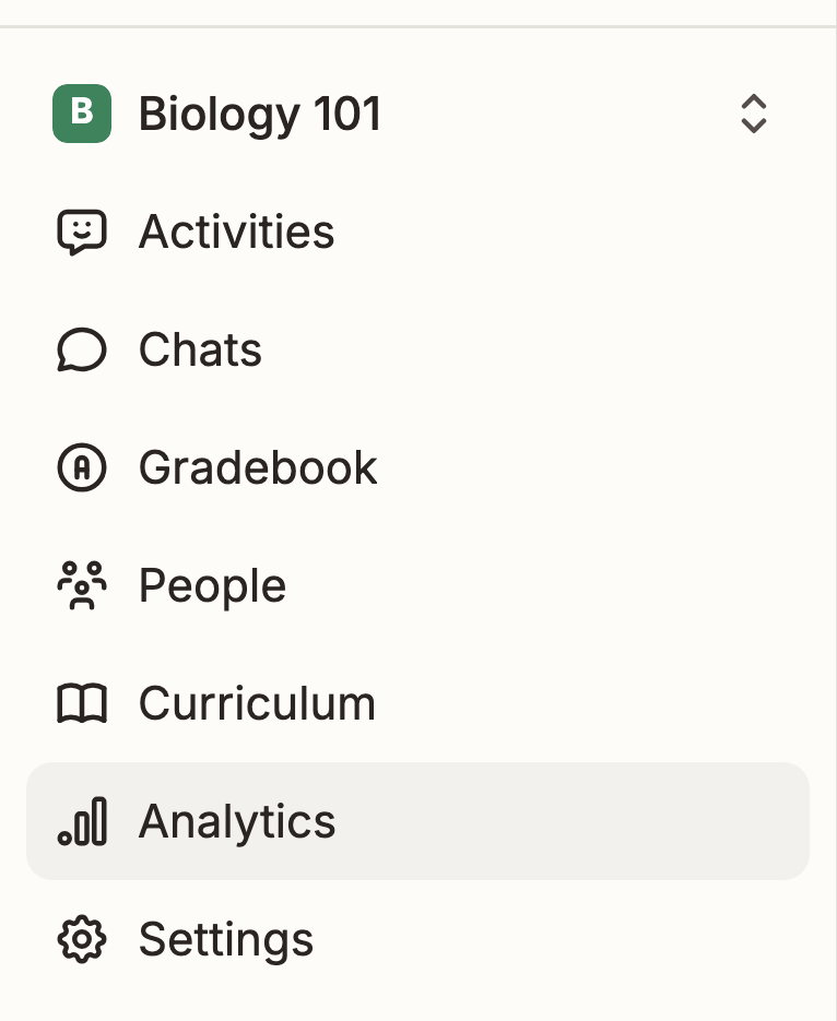Class navigation sidebar with the Analytics tab highlighted
