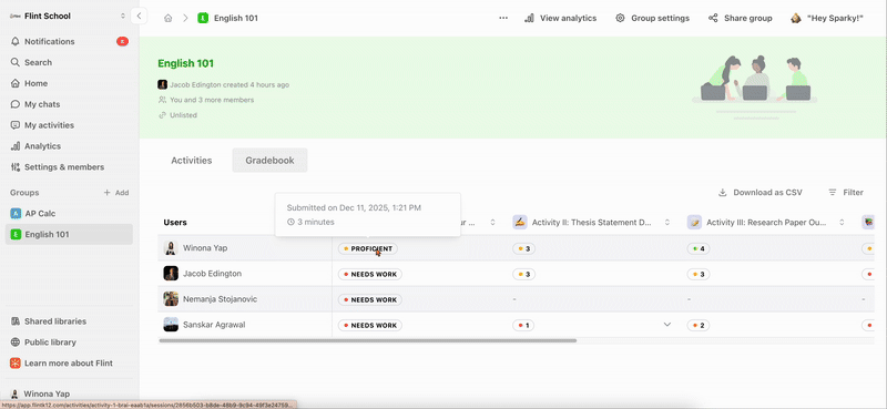 Opening a session from the Gradebook and confirming a grade change