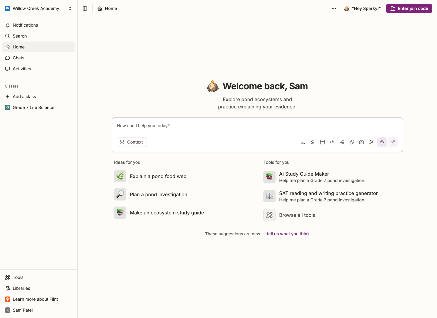 The Home page with Sparky's welcome message and quick-start suggestion prompts
