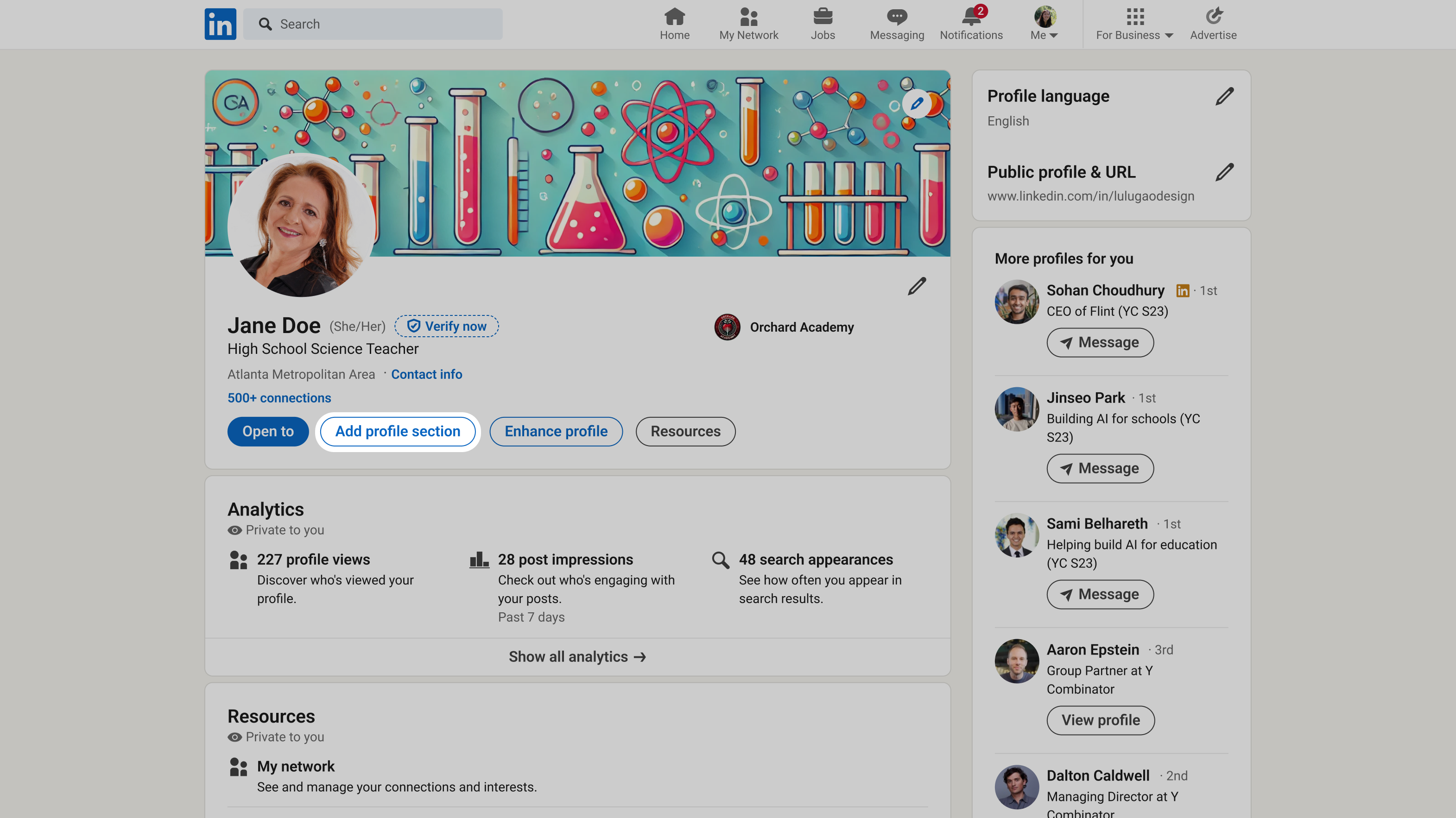 Add profile section button highlighted on a LinkedIn profile