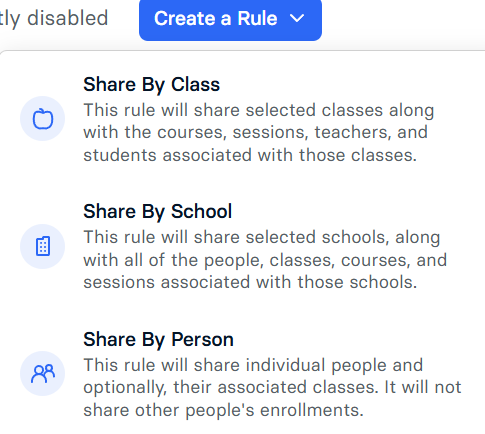 Create a Rule menu listing Share By Class, School and Person rule types