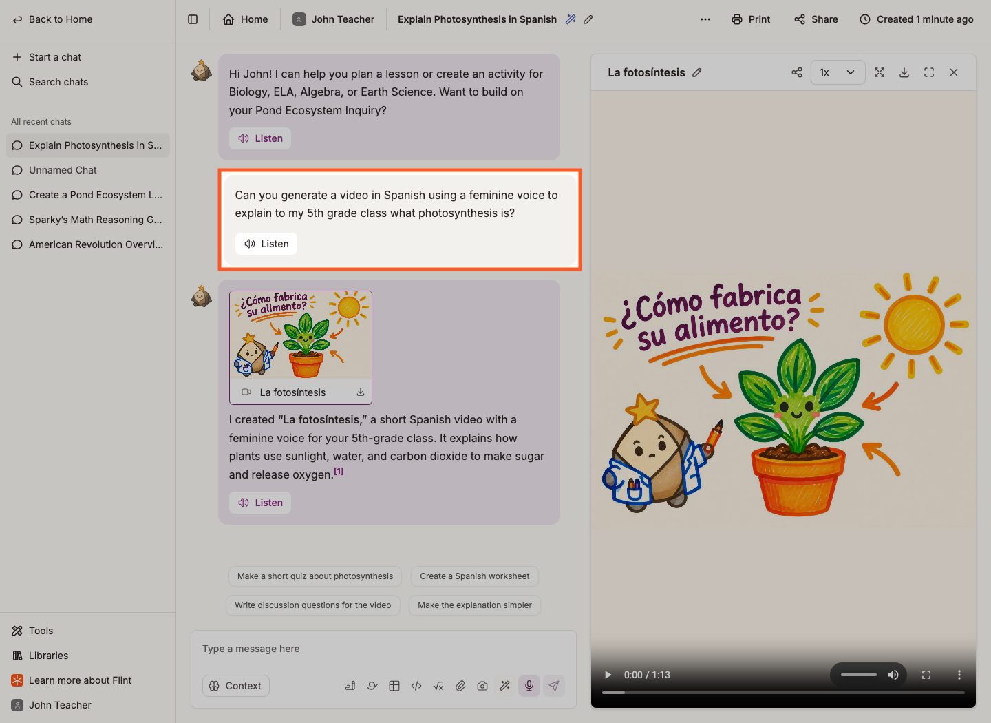A Spanish photosynthesis video request and Spanish poster text, with the video player paused alongside