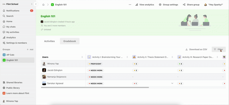 Selecting students and activities in the Filter panel to narrow the Gradebook view