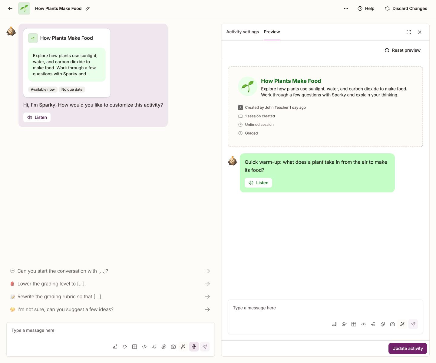A running manual preview with Reset preview below the tabs and Update activity in the footer