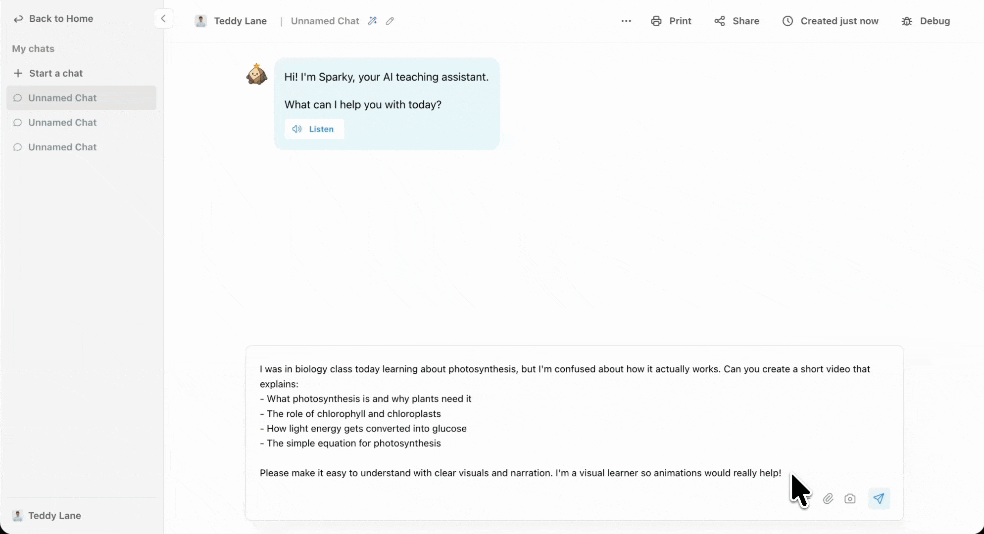 Requesting a photosynthesis video from Sparky and opening the paused video player in an earlier chat interface