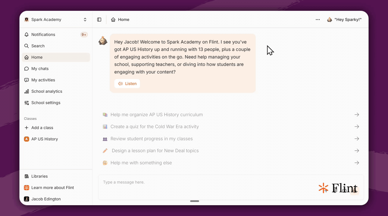 Opening a class from the homepage and selecting Chats in the left navigation to start chatting with Sparky