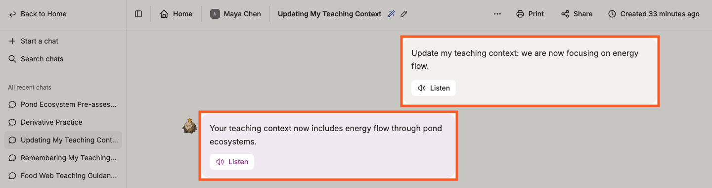 Asking Sparky to update a teaching memory to focus on energy flow through pond ecosystems