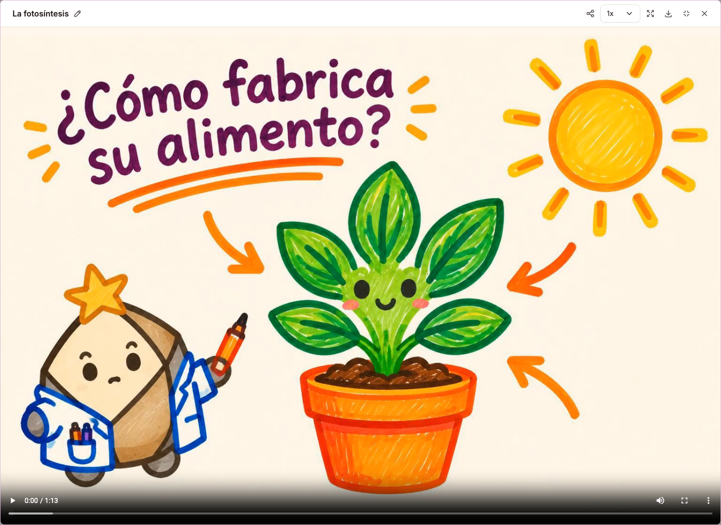 A generated Spanish photosynthesis video with an illustrated plant and sun