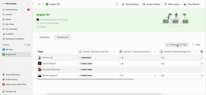 Clicking Download as CSV to export the Gradebook as a spreadsheet file