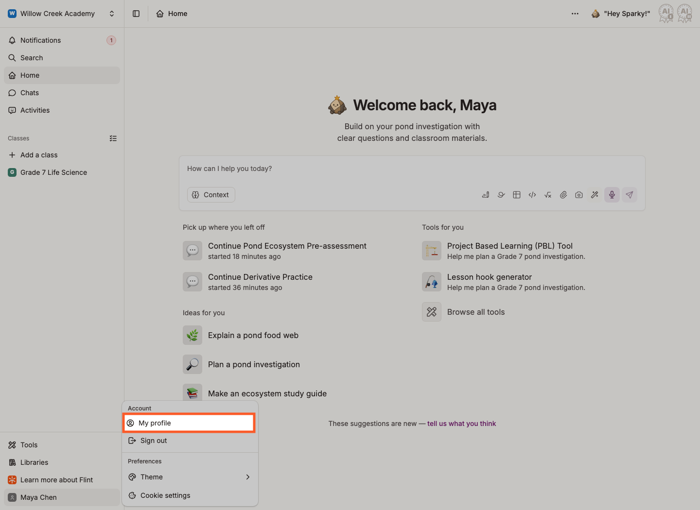 The account menu open with My profile highlighted