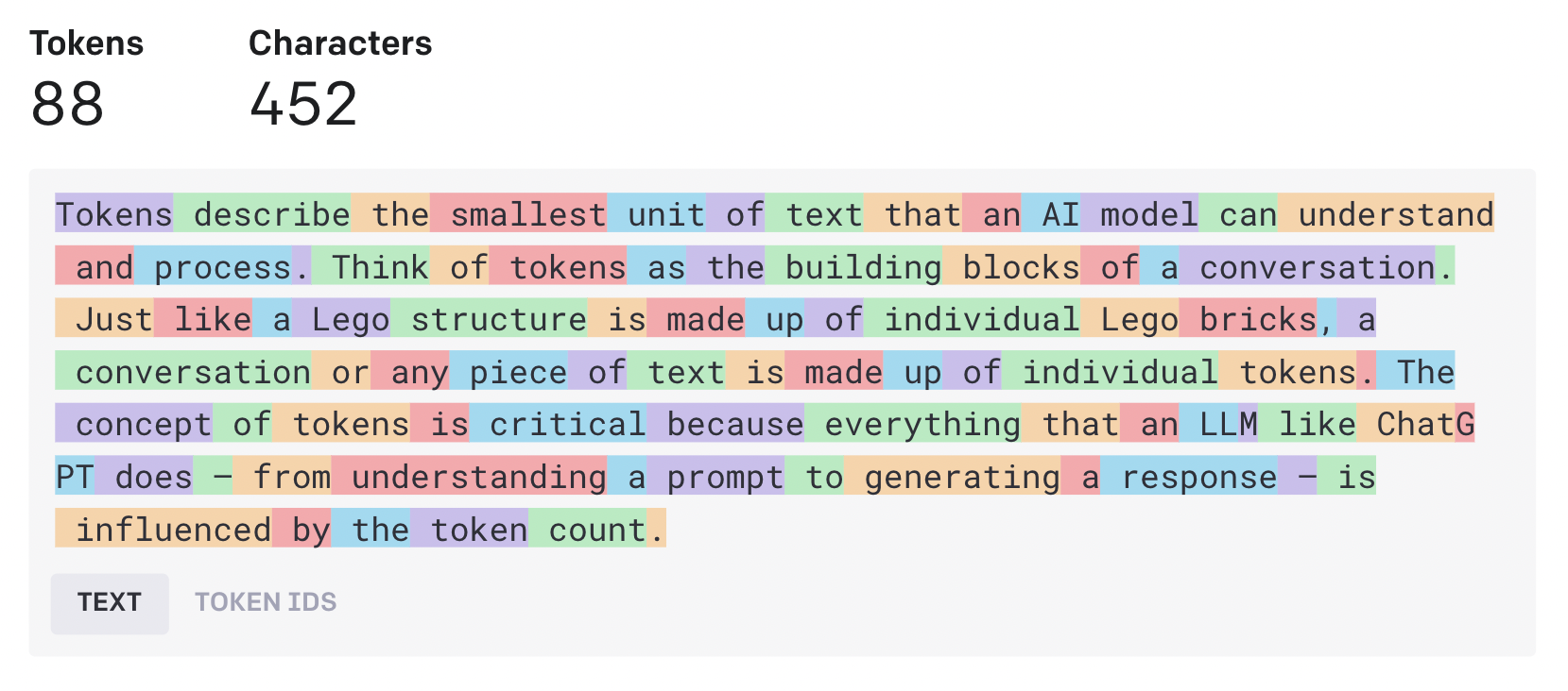 Sample text split into 88 colored tokens using a token counting tool