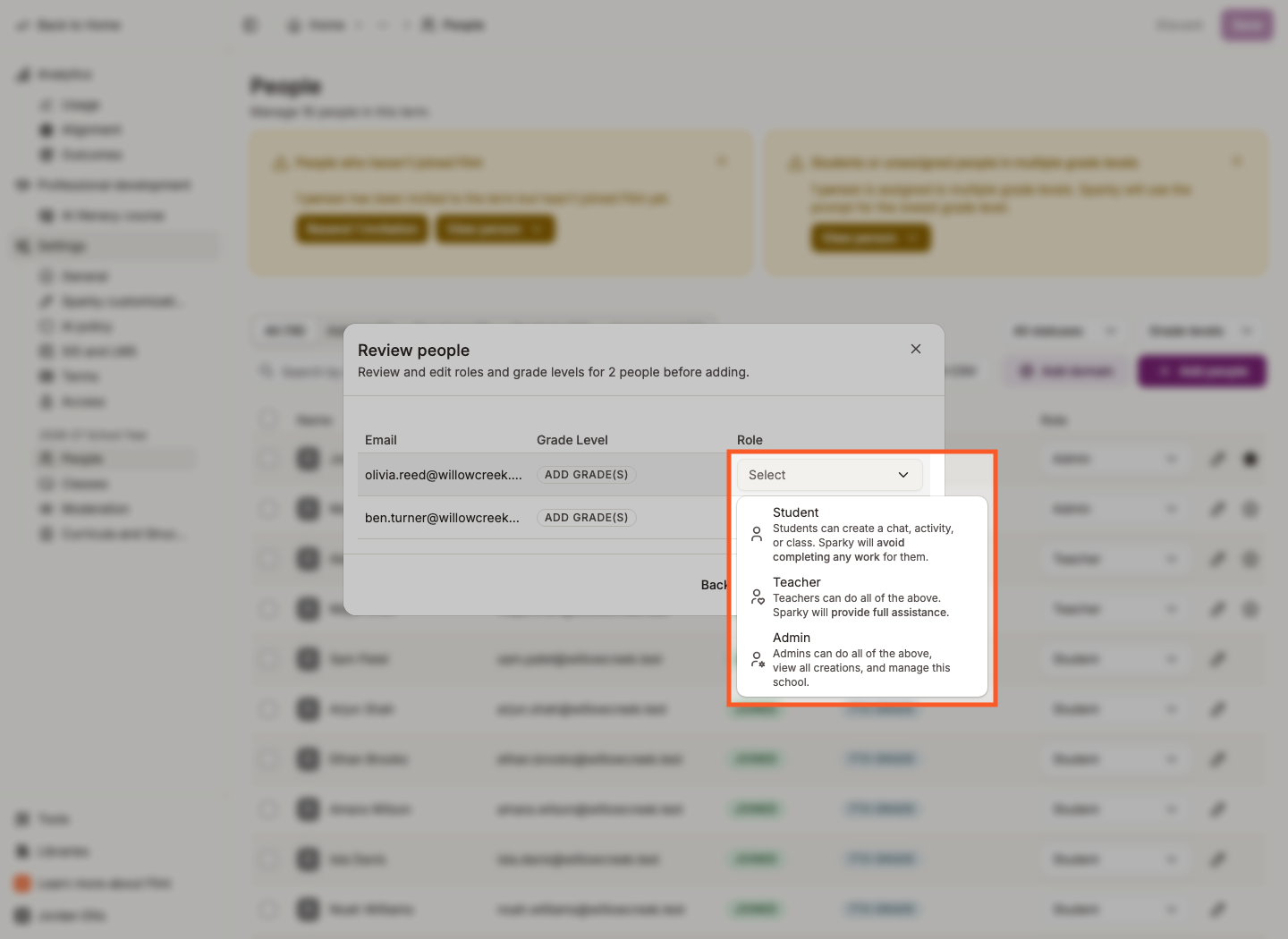 The Role dropdown in the Review people dialog with Student, Teacher and Admin options