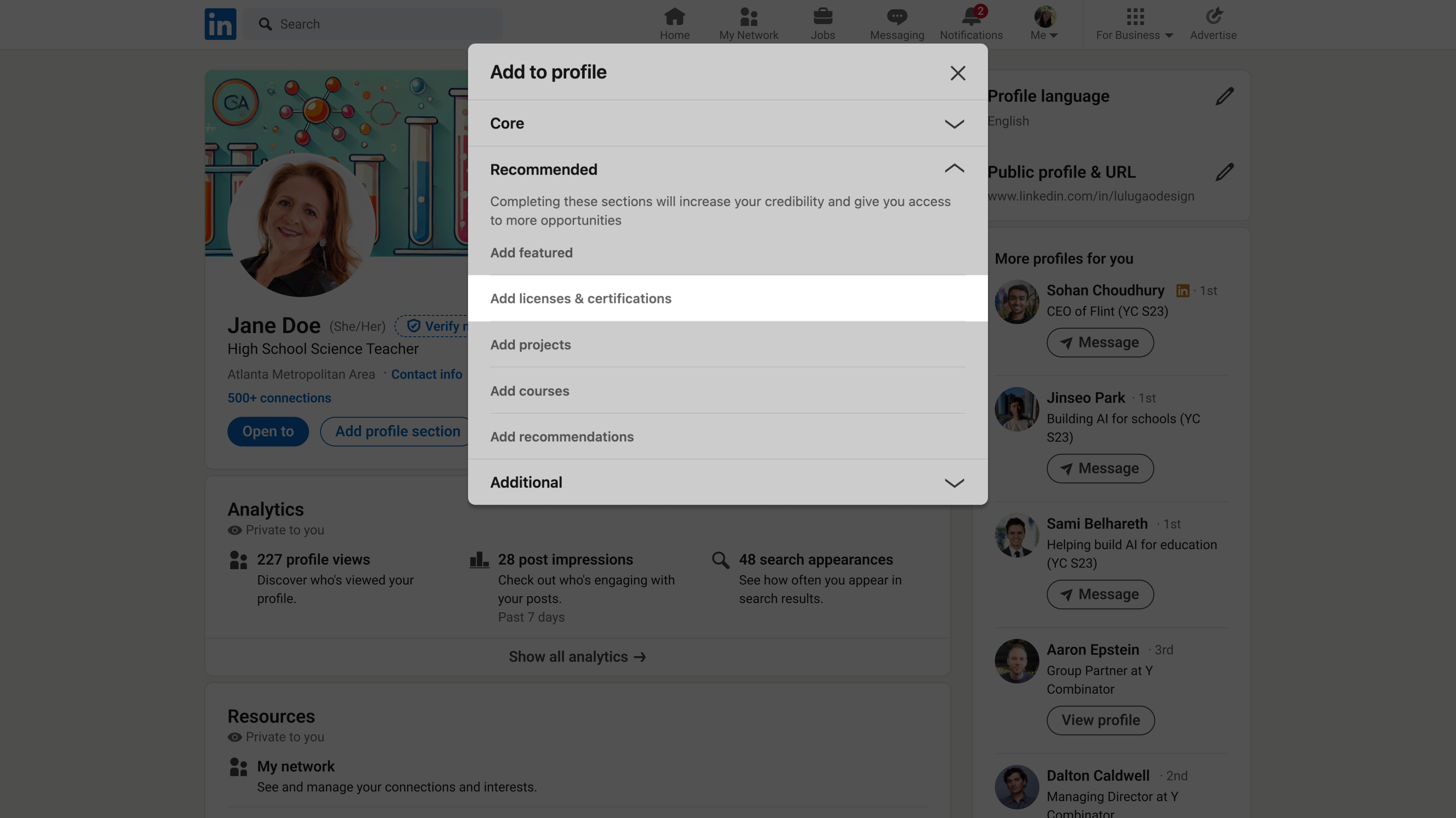 Add licenses & certifications highlighted in the Add to profile menu