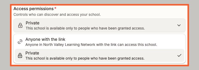 The Access permissions dropdown in school settings