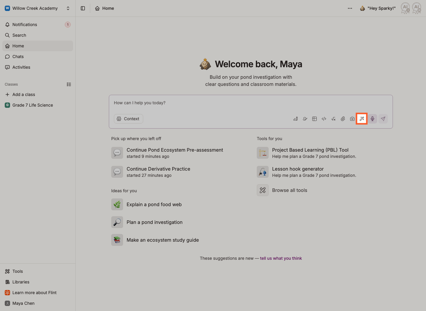 The Generate content wand highlighted in the home message box