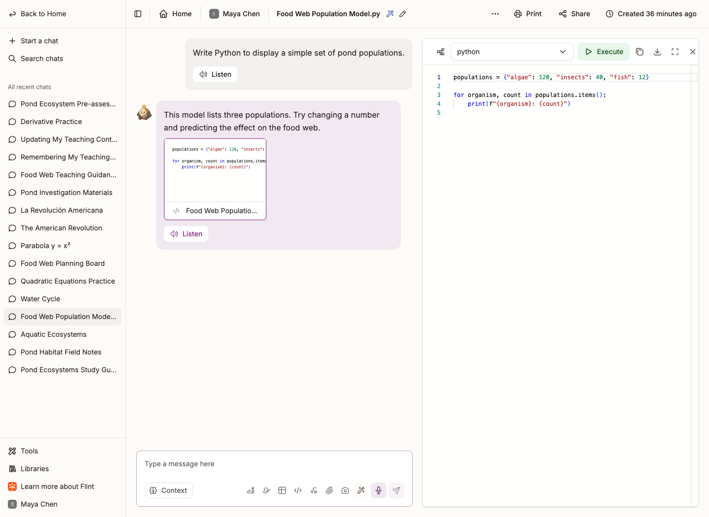 A Python pond-population script open beside the chat, with an Execute button