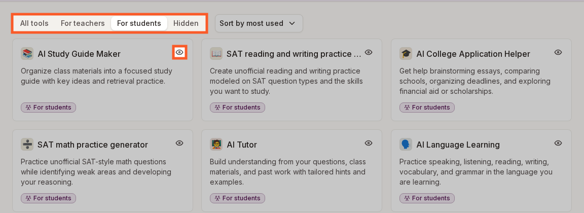 The For students tab with the eye button on the AI Study Guide Maker card highlighted