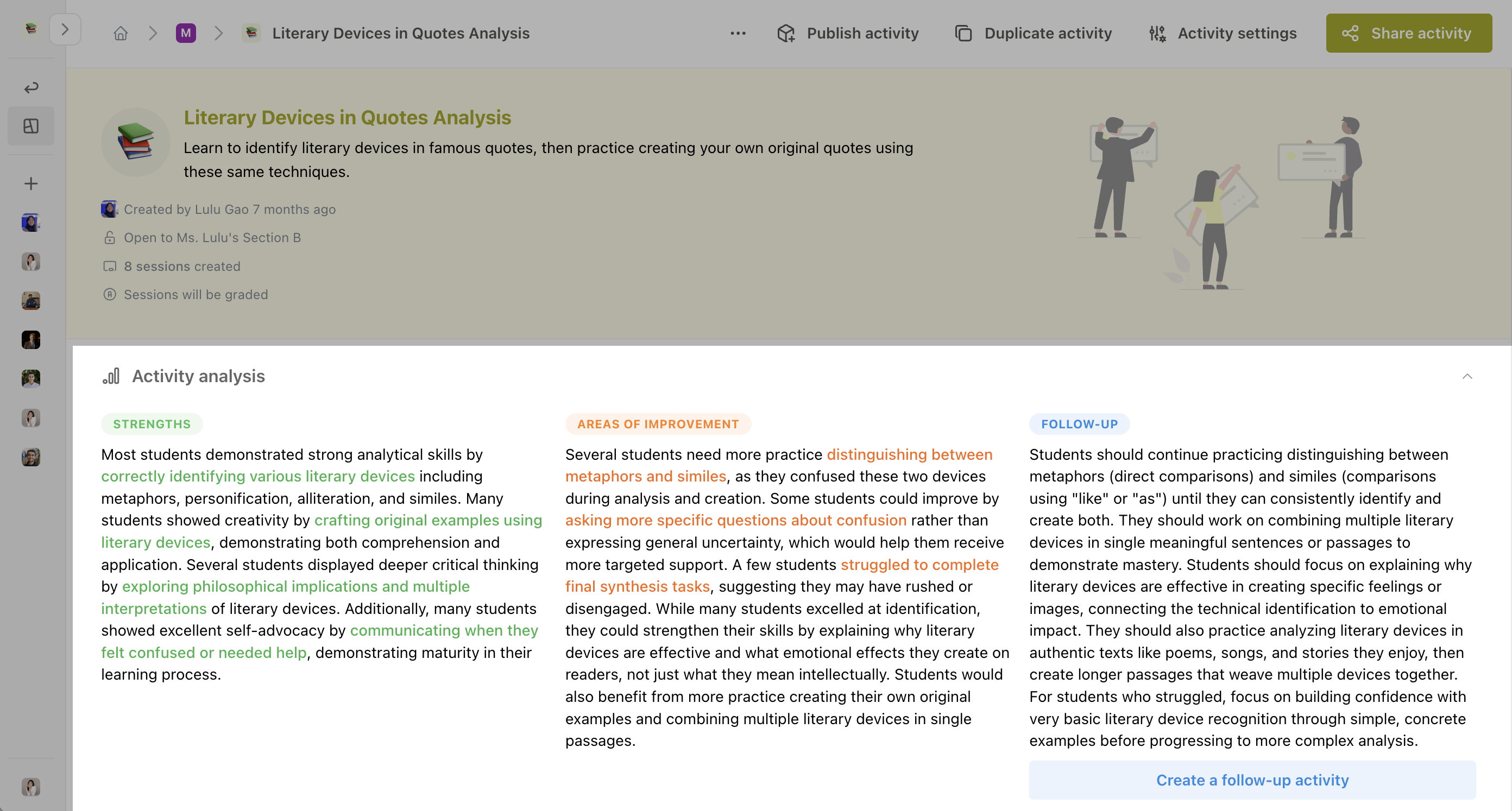 The Activity analysis panel with Strengths, Areas of improvement, and Follow-up columns