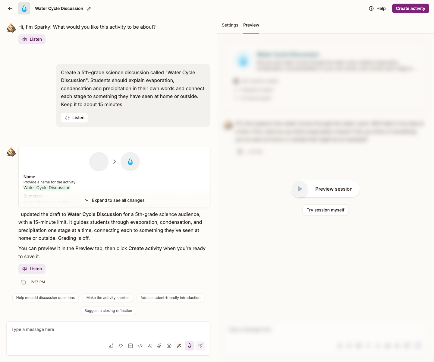 The Preview tab offers a simulated session or Try session myself