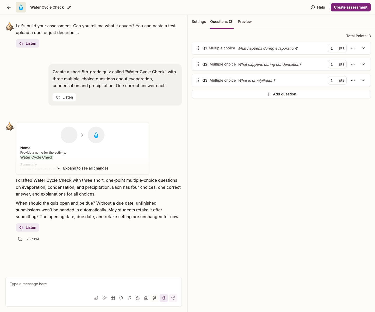Questions tab showing three questions, point values and Add question