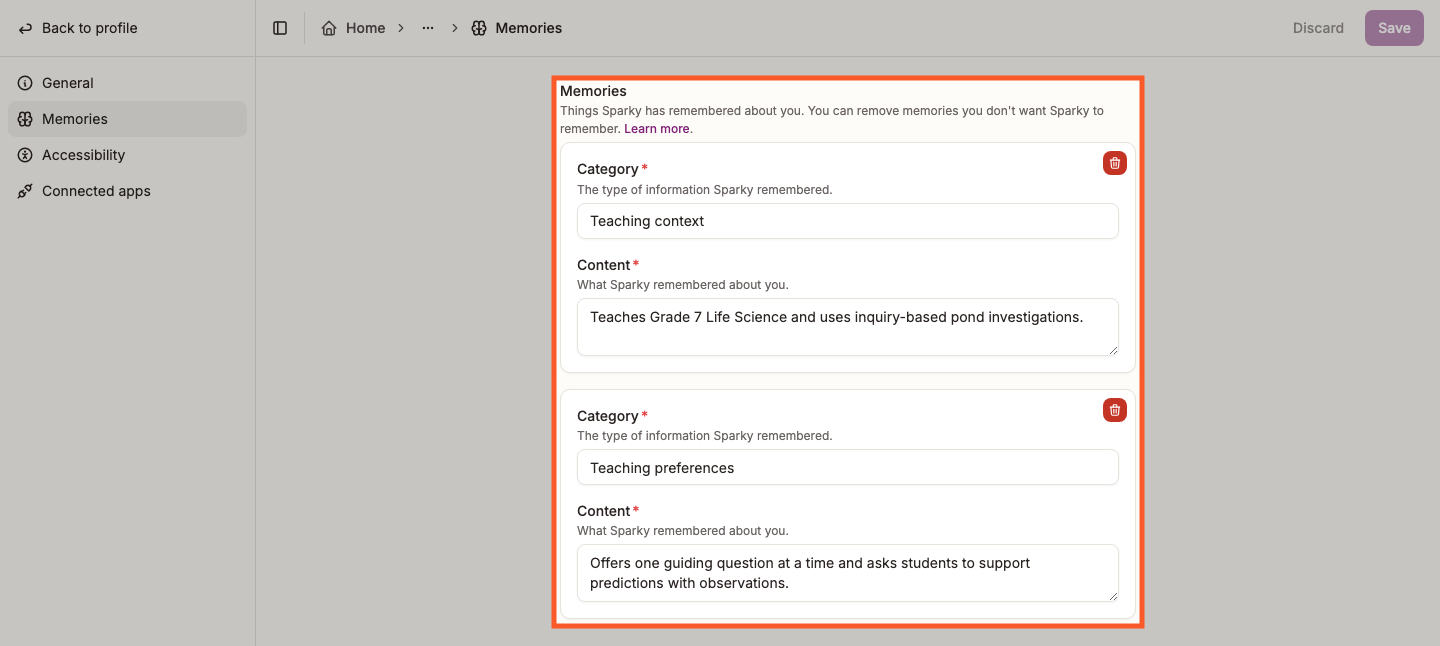The Memories tab in profile settings, listing what Sparky has remembered