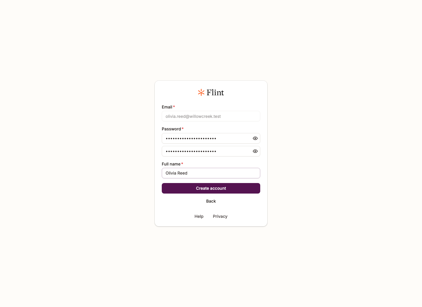 The Flint account creation form with Password, Confirm password and Full name fields below a prefilled School email