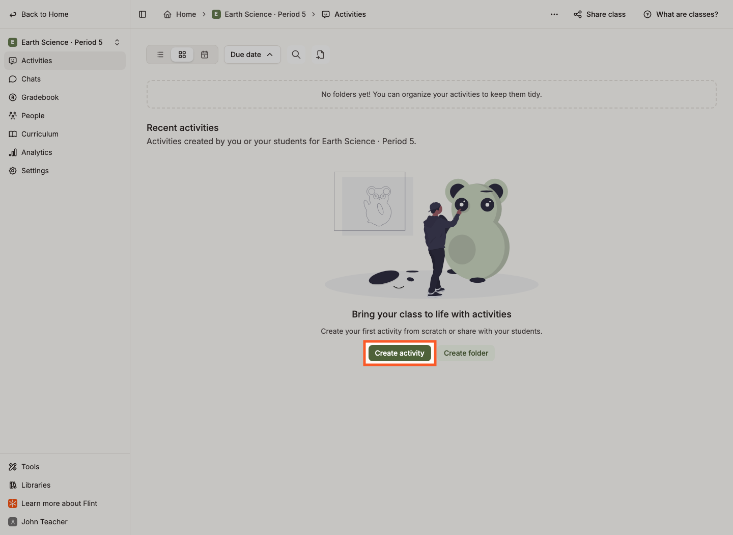 Create activity highlighted on the class Activities page