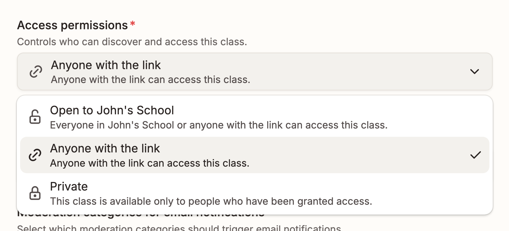 The class Access permissions dropdown open