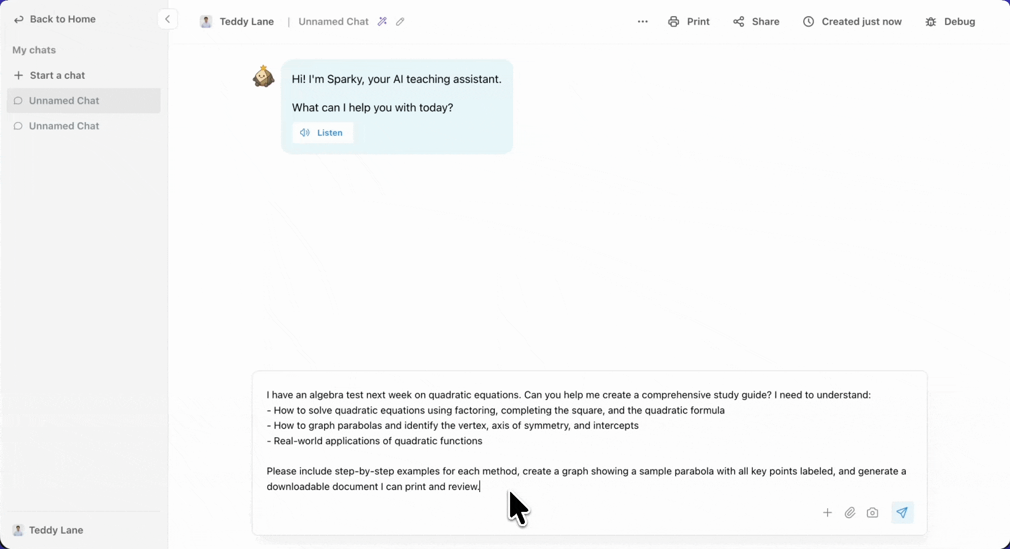 Asking Sparky for a quadratic equations study guide, then Sparky generating a document with steps, graphs and a cheat sheet