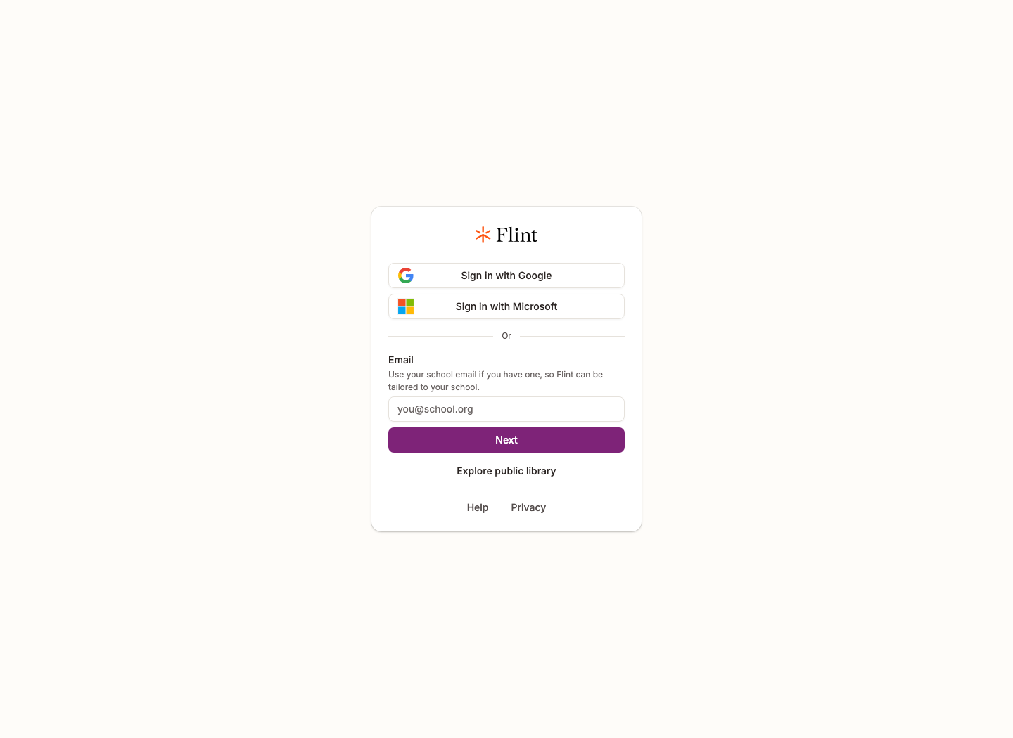 The Flint sign-in page with Sign in with Google, Sign in with Microsoft, and a school email field with a Next button