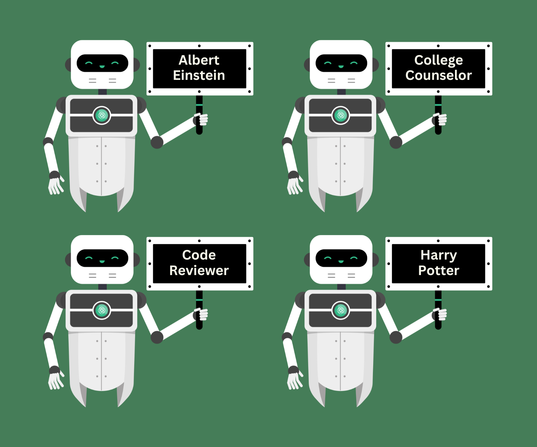 Four illustrated robots holding signs reading Albert Einstein, College Counselor, Code Reviewer, and Harry Potter