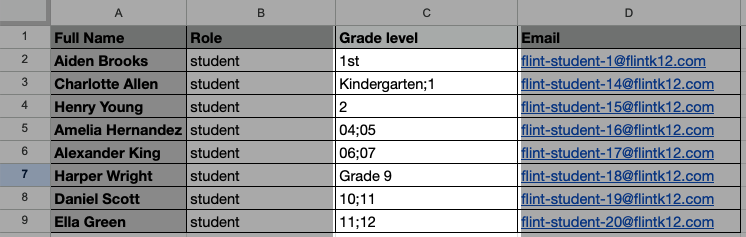 A CSV with Full Name, Role, Grade level, and Email columns showing different grade formats