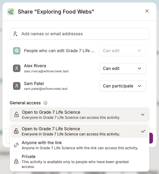 General access highlighted in the Share activity dialog