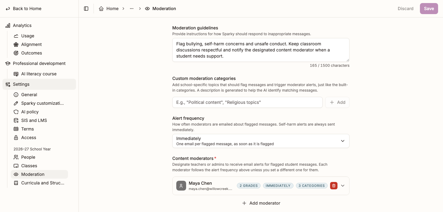 Moderation settings with guidelines, custom categories, alert frequency and a content moderator