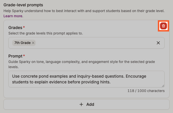 Trash icon highlighted in the top right of a saved grade-level prompt