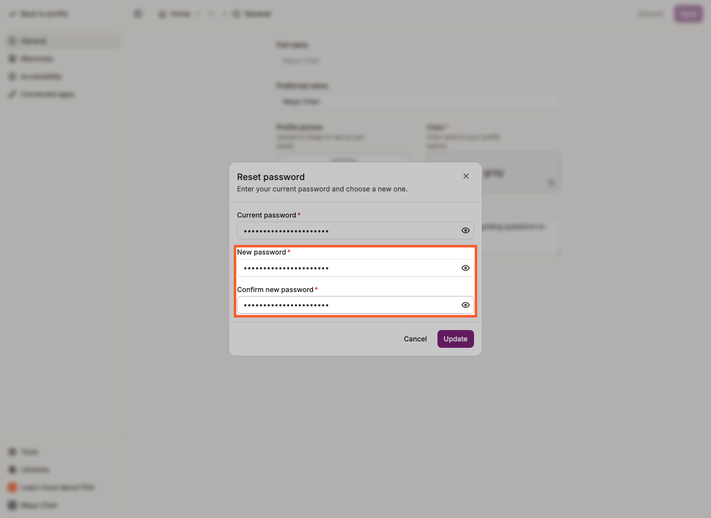 Reset password dialog with New password and Confirm new password fields highlighted