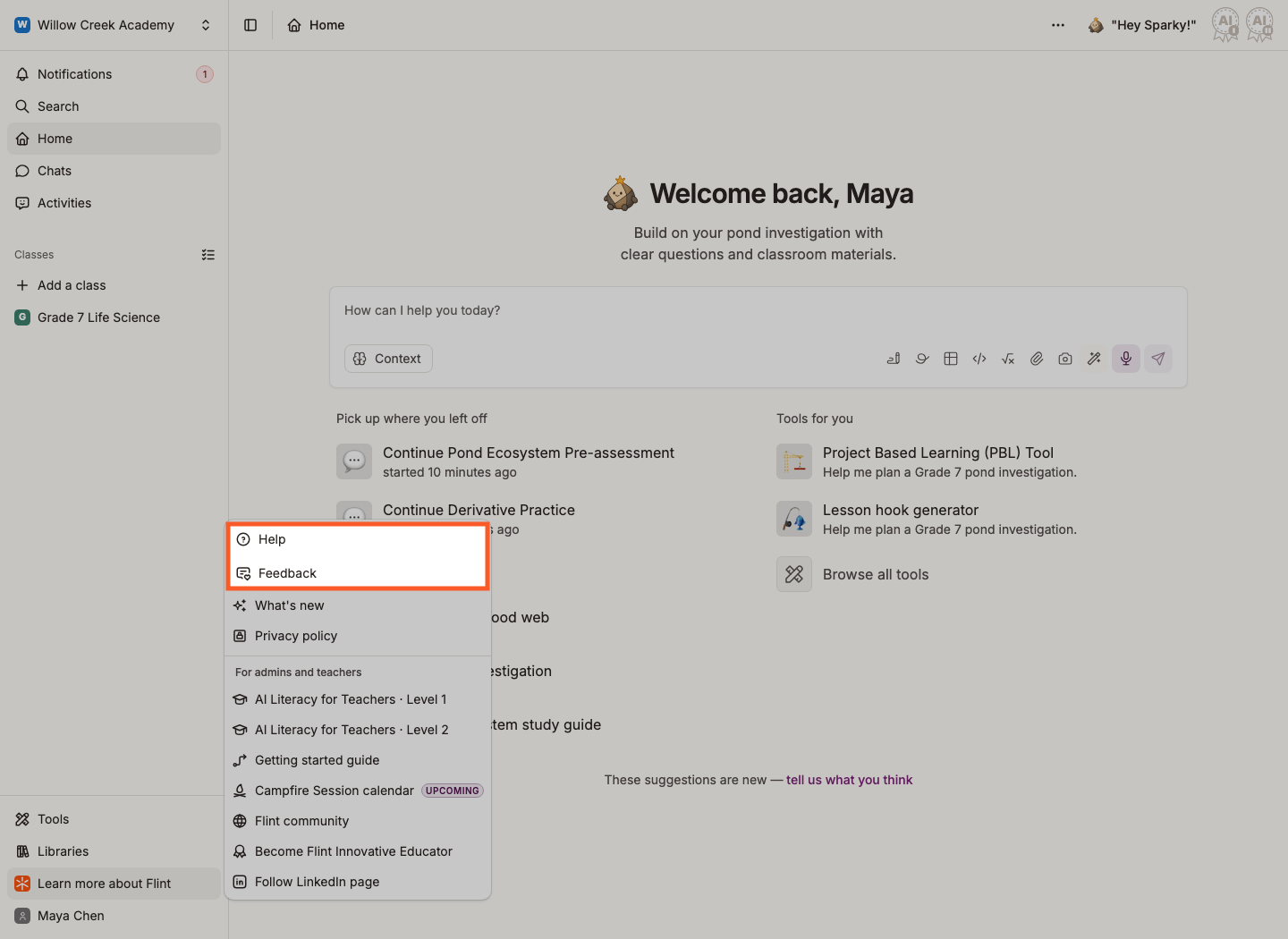 Help and Feedback menu opened from the sidebar's more options