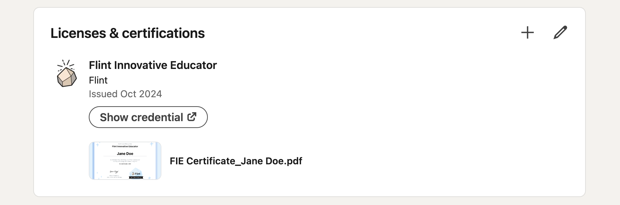 The Flint Innovative Educator certification with a Show credential button and attached PDF