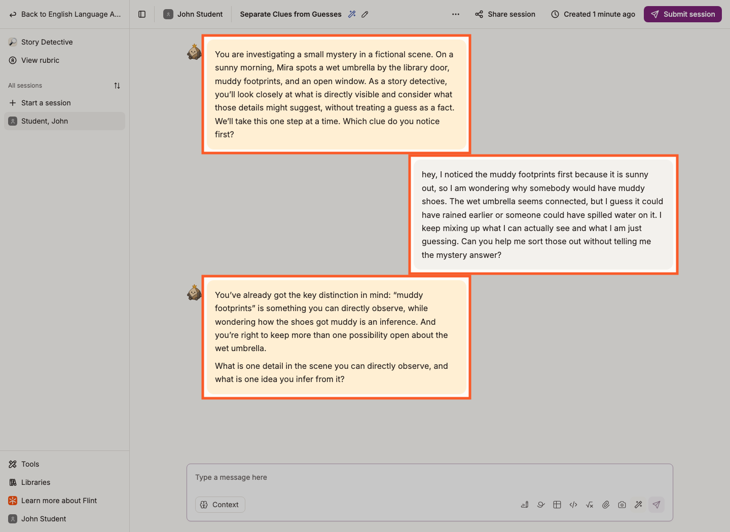 Center chat panel highlighted, showing the back-and-forth conversation with the AI