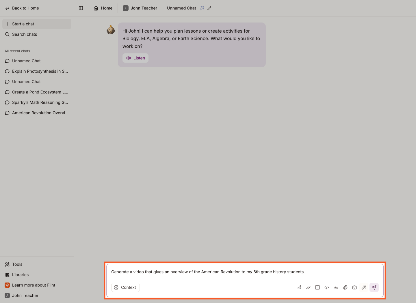 Typing a video request into Sparky's message box before sending it